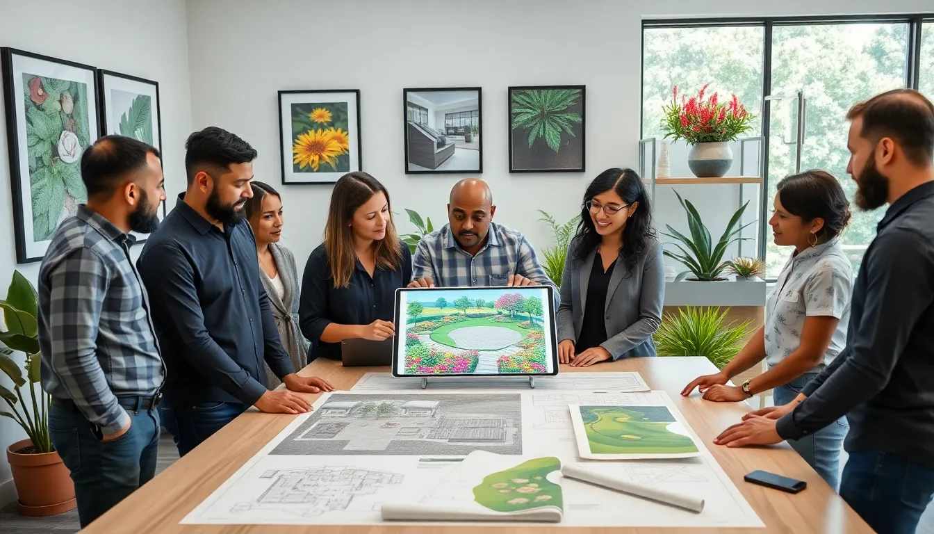diverse team of landscapers collaborating in a modern office.