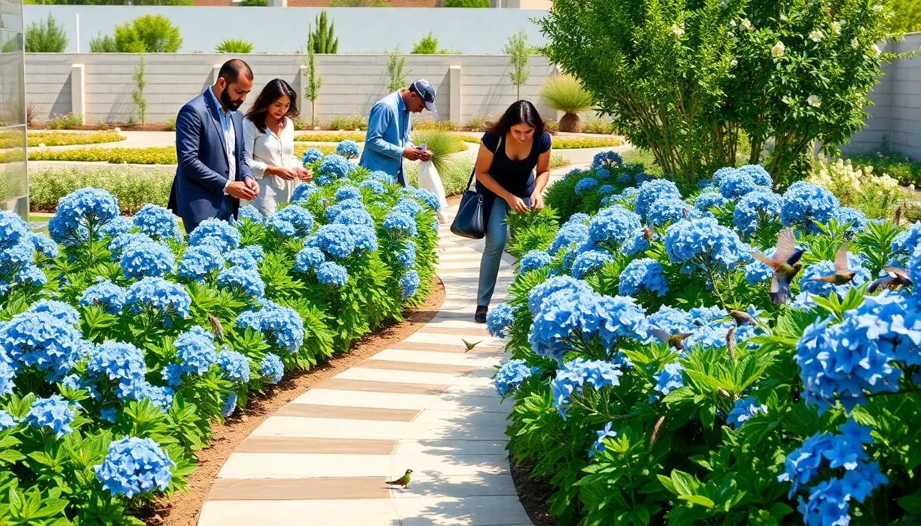 vibrant plumbago shrubs in a modern garden setting.