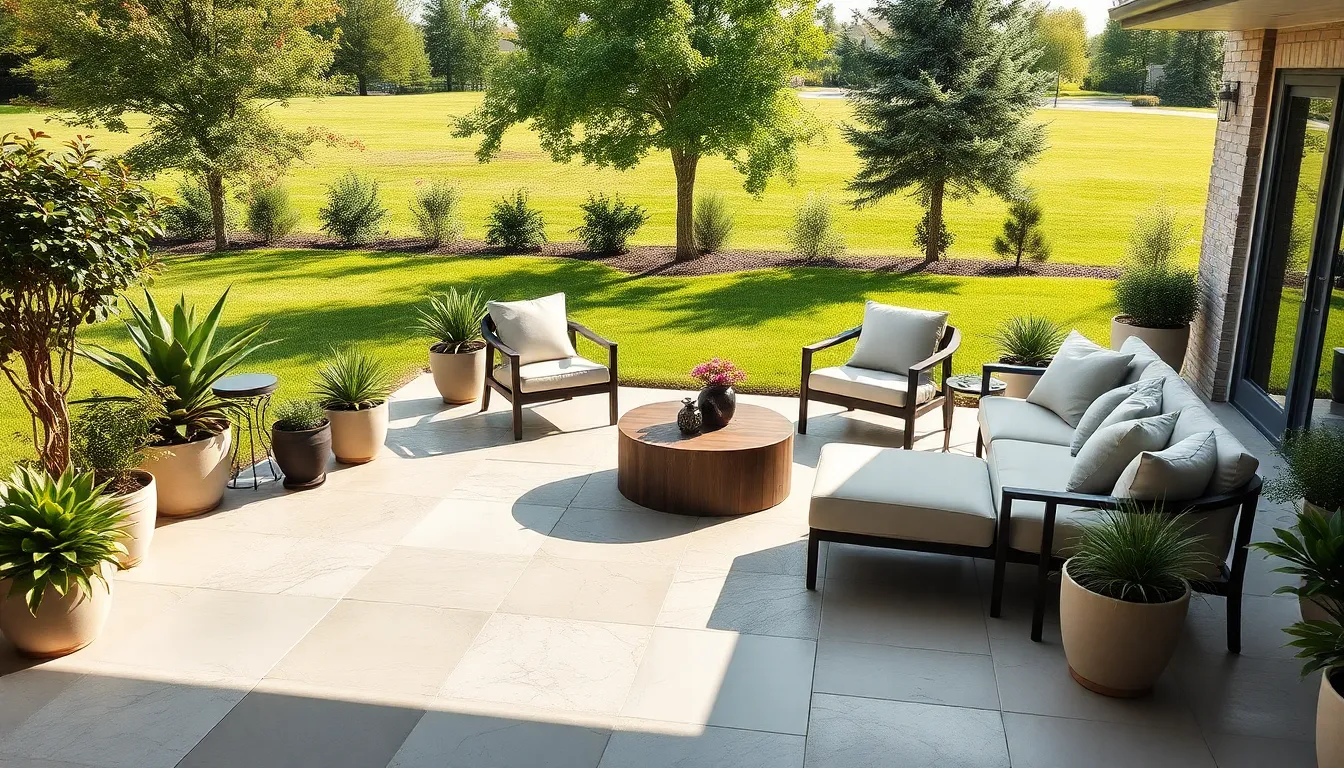 elegant concrete patio with plants and outdoor furniture.