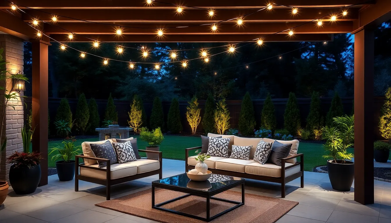 Stylish patio illuminated with elegant lighting for evening gatherings.