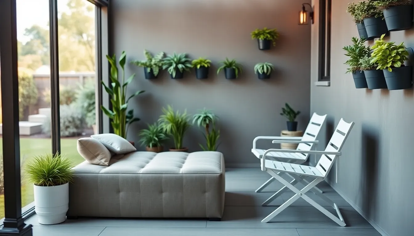 small patio with multi-functional furniture and vertical planters.