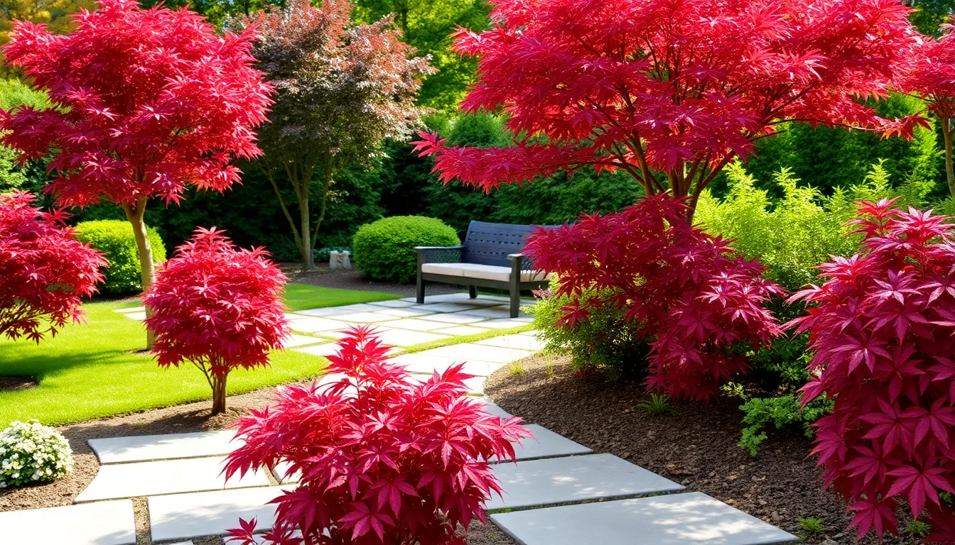 vibrant dwarf Japanese maples in a well-manicured garden.