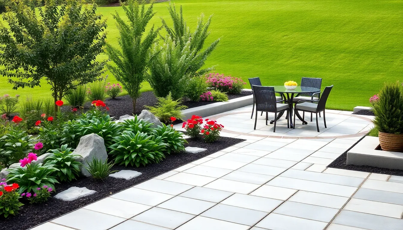 elegant patio landscaping with stylish furniture and vibrant plants.