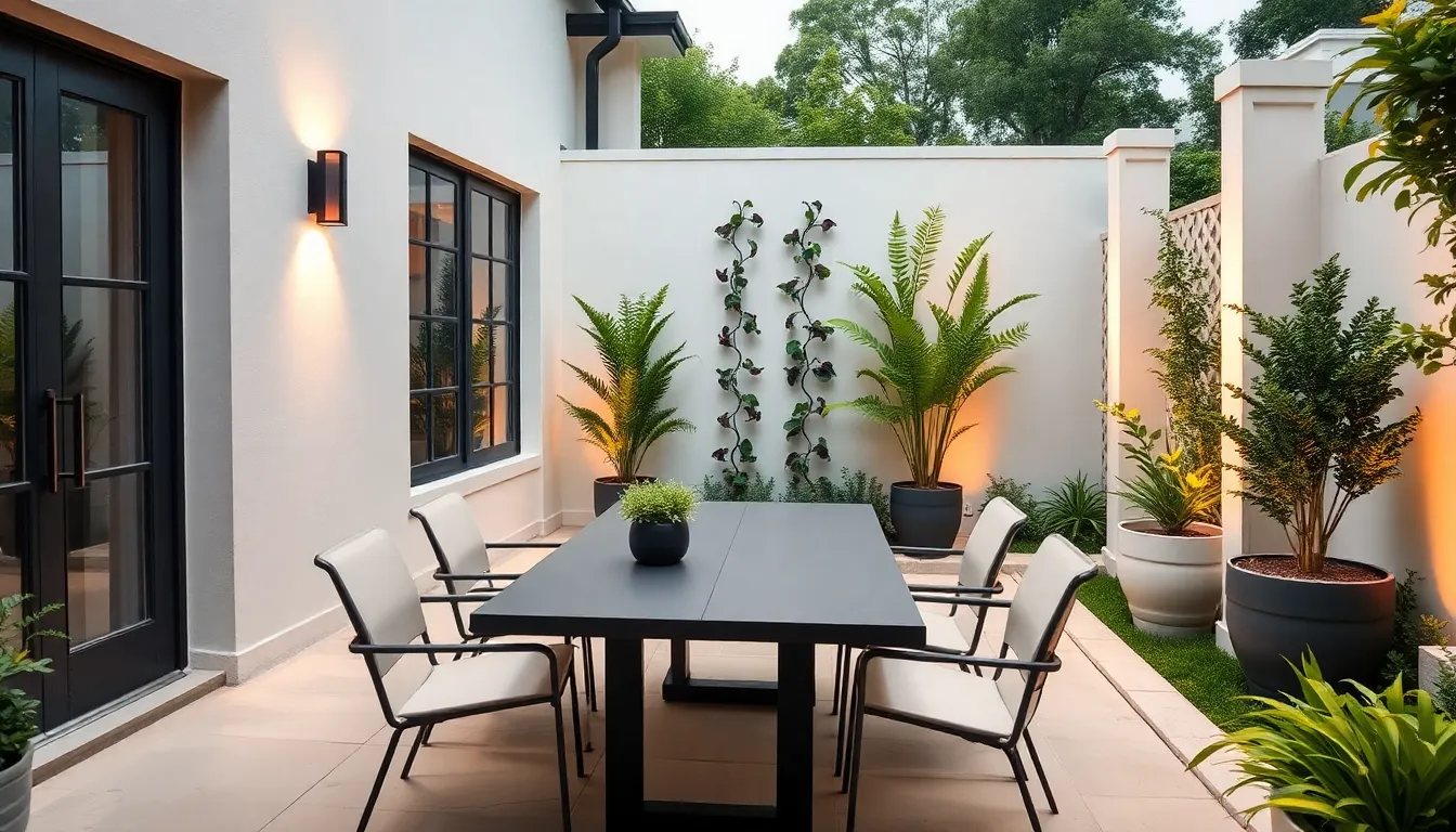 a stylish small patio with modern furniture and greenery.