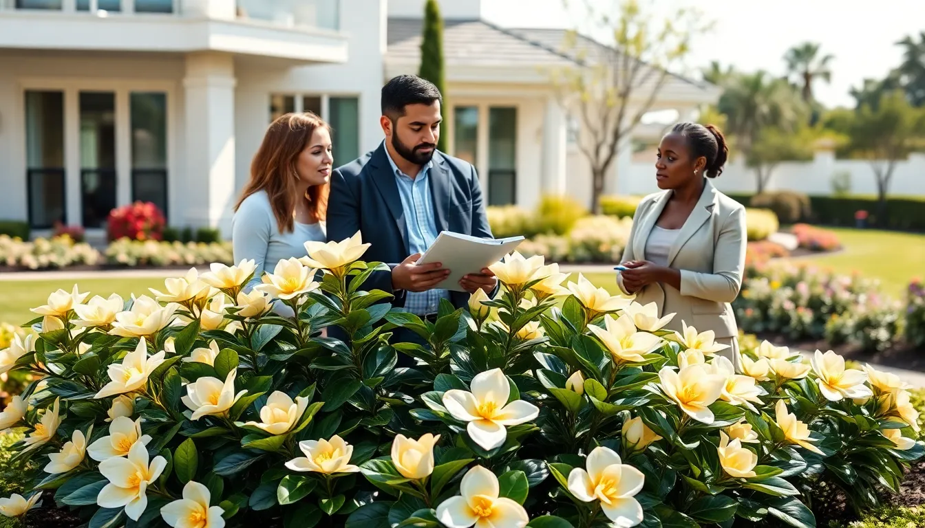 professionals discussing gardenia landscaping ideas in a sunny garden.