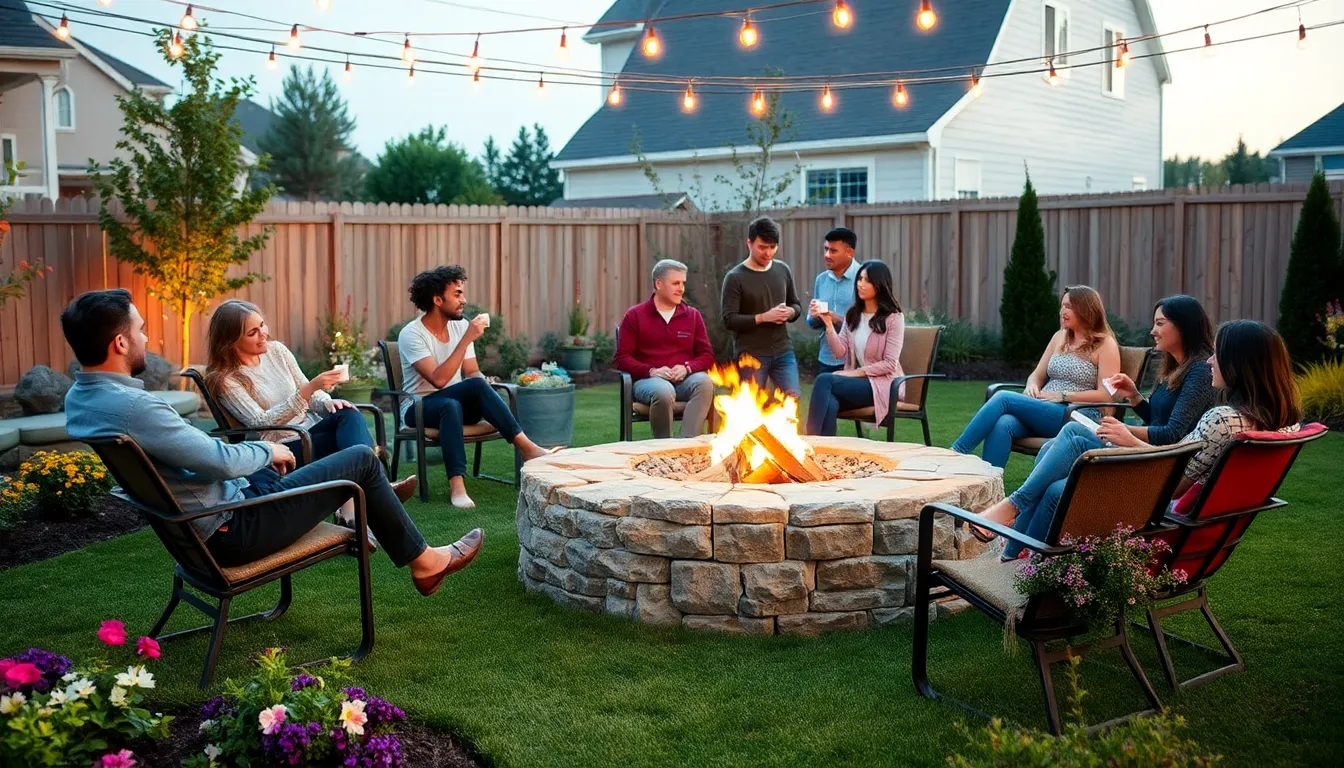 people enjoying a cozy gathering around a backyard fire pit.