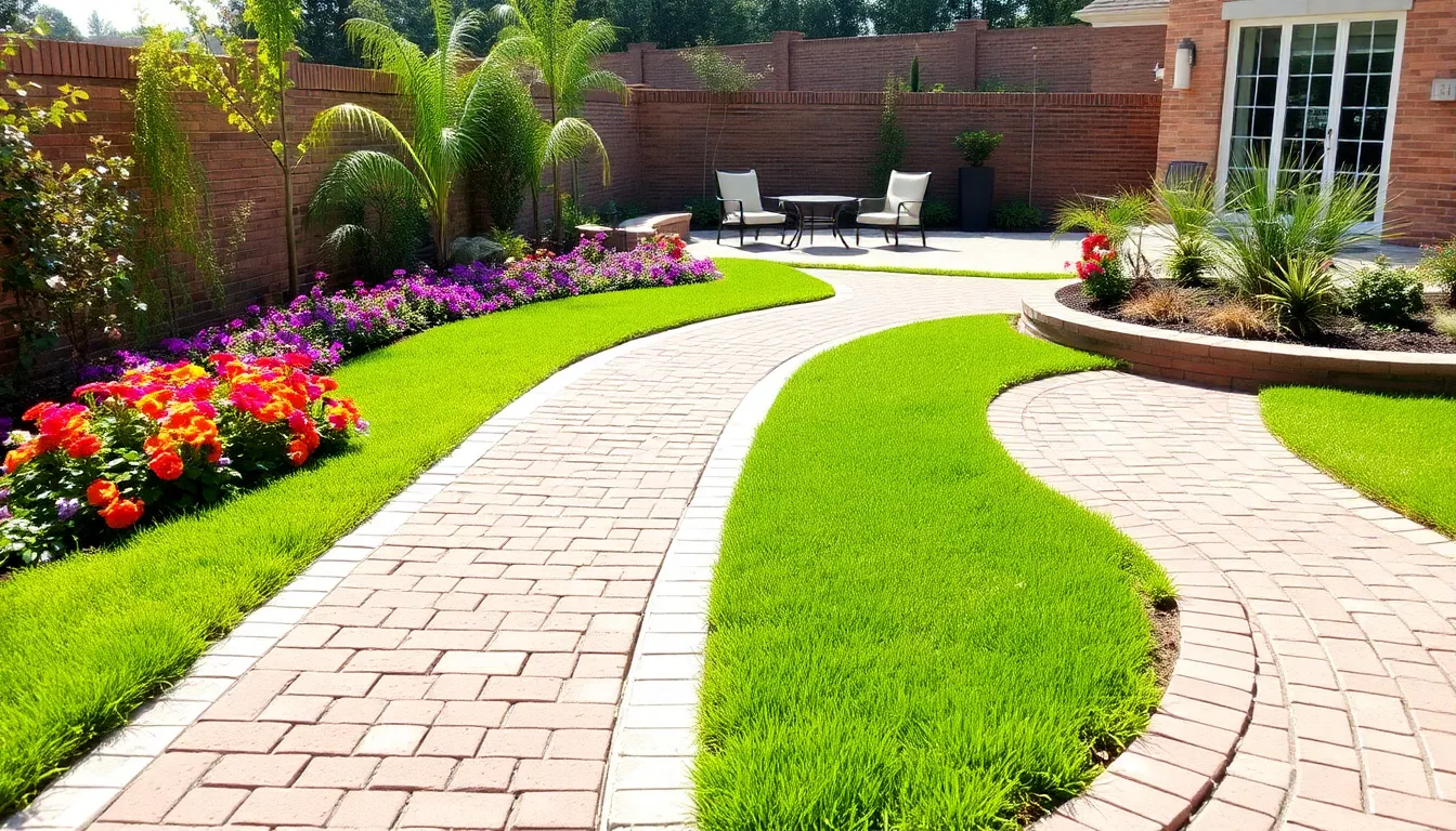 landscape design showcasing brick pathways and vibrant flower beds.